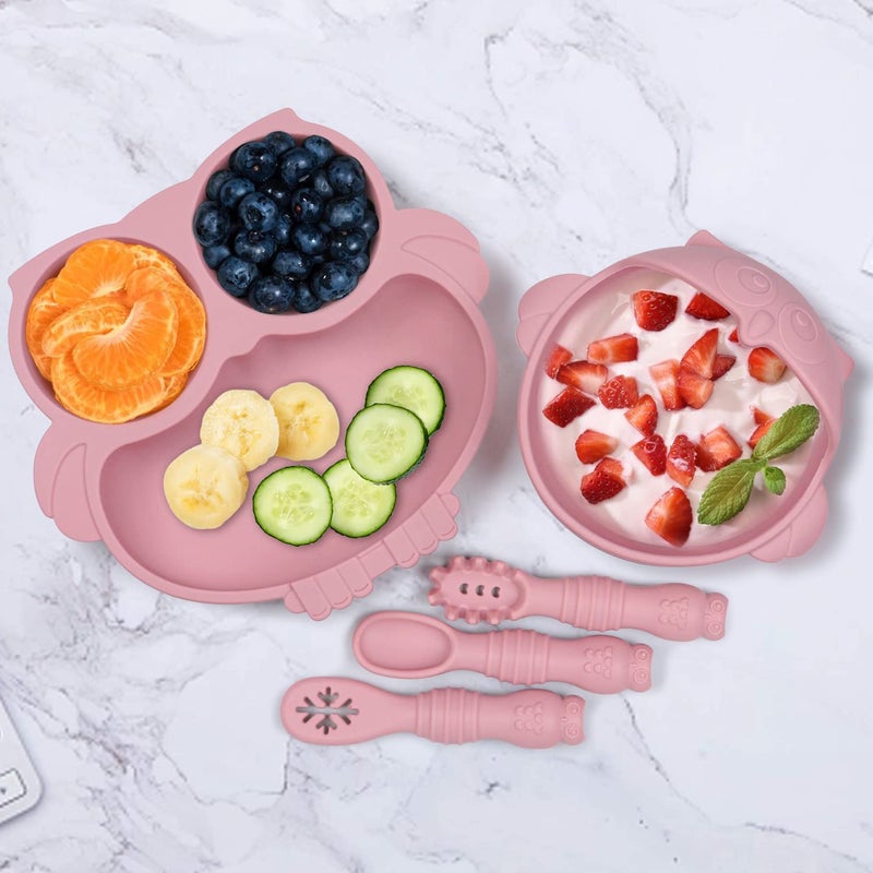 IDVVSSX Owl Shape Silicone Baby Feeding Set, Toddler Suction Plates and Bowls Set with Spoons, Kids Silicone Dinnerware Set Eating Utensils, Pink - Image 5